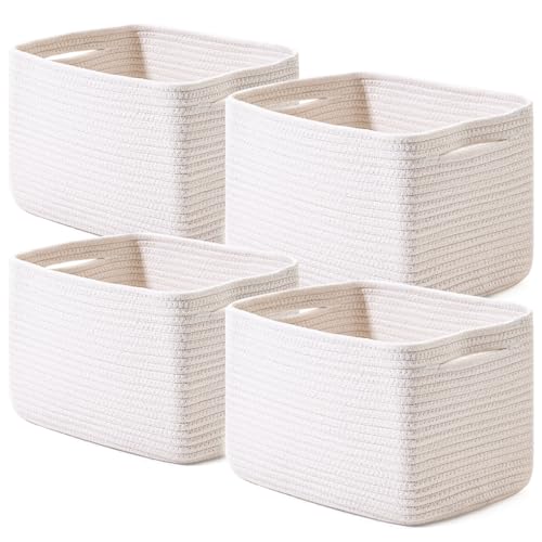 ICERZCZ Storage Baskets for Organizing 12.5"x9.1"x7.9" (4 Packs) Off White | Storage Bin for Shelves, Woven Cotton Rope Basket with Handles for Bedroom Living Room Nursery Bathroom