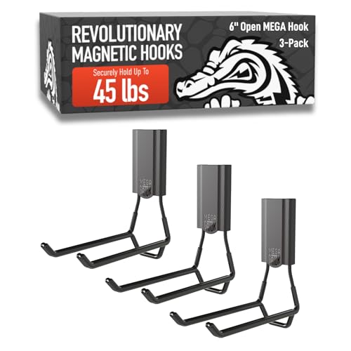 GATOR MAGNETICS MEGA 6 in Open Hooks, 45 lb Magnetic Hooks – 3 Pack | Patented Easy-Release, Non-Slip Grip. Works on steel cabinets, doors, garage, toolboxes, pole barns, utility vans & more.
