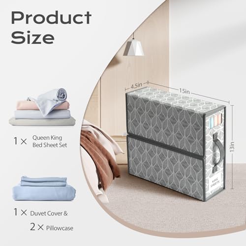 Yecaye Sheet Organizers and Storage, Linen Closet Organizer, 8 Pack, Grey | Foldable Fabric Organizers with Clear Window, Labels and Handles for Queen & King Sheet Sets, Duvet Covers and Pillowcases