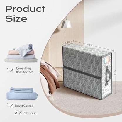 Yecaye Sheet Organizers and Storage, Linen Closet Organizer, 8 Pack, Grey | Foldable Fabric Organizers with Clear Window, Labels and Handles for Queen & King Sheet Sets, Duvet Covers and Pillowcases