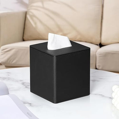 PU Leather Square Tissue Box Cover with Bottom, Black | Fits All Standard Cube Tissue Boxes, Modern Decorative Tissue Box Holder for Bathroom, Bedroom, Office, Living Room