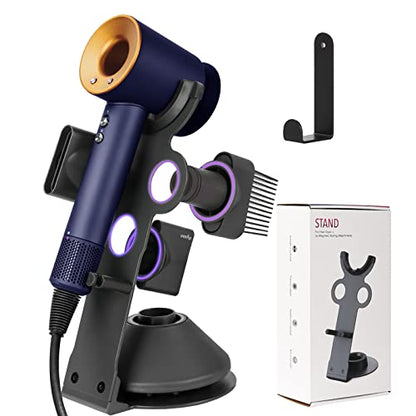Hair Dryer Holder Stand for Dyson Hair Dryer, Upgraded Dyson Hair Dryer Holder Dyson Hair Dryer Stand Black to Store 5 Dyson Hair Dryer Attachments with Cable Hook