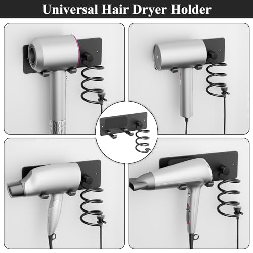 Hair Dryer Holder + Curling Iron Holder,Blow Dryer Holder Wall Mount, Bathroom Hair Tool Organizer Rack for Universal Dryer Matte Black