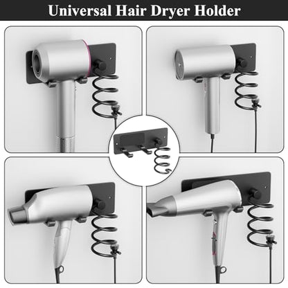 Hair Dryer Holder + Curling Iron Holder,Blow Dryer Holder Wall Mount, Bathroom Hair Tool Organizer Rack for Universal Dryer Matte Black
