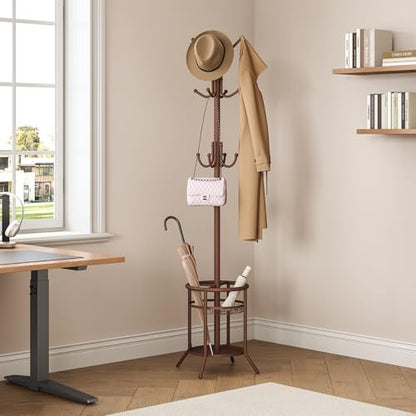 Coat Rack Freestanding, Metal Coat Rack with Umbrella Holder | 12 Hooks, Round Base, Heavy Duty Floor Standing Coat Tree for Entryway, Hallway, Living Room, Bedroom, Office, Brown
