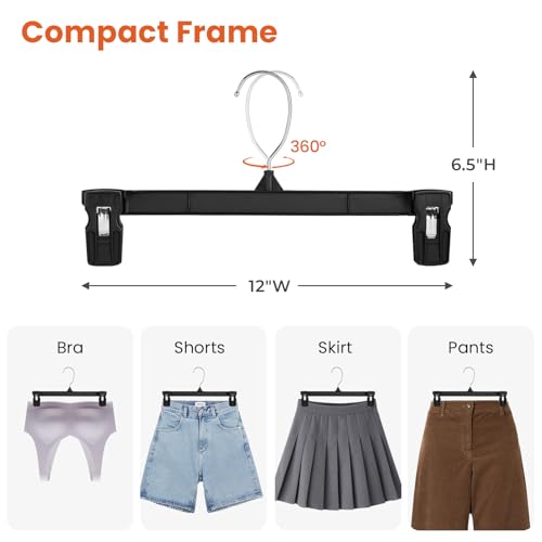HOUSE DAY Black Pants Hangers with Clips 50 Pack, 12 Inch Skirt Hangers | Non-slip clips hold trousers, skirts, shorts and jeans; 360° swivel hook allows easy access for everyday adult wardrobes