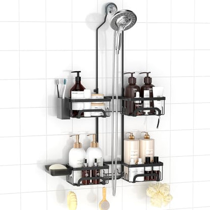 Split Shower Caddy Hanging for Handheld Showerheads, Black | Adjustable Shower Organizer, Rustproof, 16 Hooks, Soap Holder, 40lbs Capacity, Anti-Slip, Tool-Free, Bathroom Accessories
