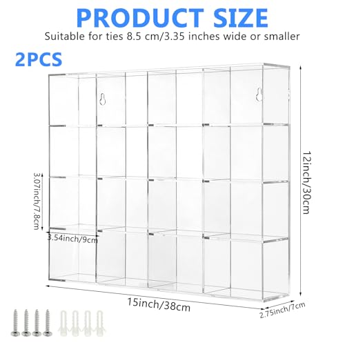 2 Pack Tie Box Organizer Wall Mounted Tie Rack Clear Acrylic with 16 Compartments, Tie Holder for Drawer Tie Organizer for Men Belt Scarf Necktie Storage for Closet and Home