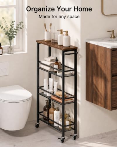 Pipishell Slim Storage Cart with Wheels - 4 Tier Rolling Kitchen Storage Cart with Handle and Wood Top, Metal Slim Bathroom Cart for Laundry Room, Bathroom, Kitchen, Narrow Space, Black & Rustic Brown