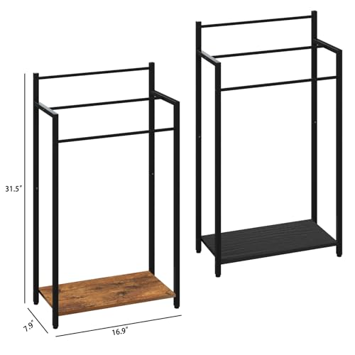 16.9" W Freestanding Towel Rack with Rustic Brown Wood Shelf | 3 Tier Blanket Ladder Stand for Bathroom Living Room, Metal Frame,31.5"H x 16.9"W x7.9"D
