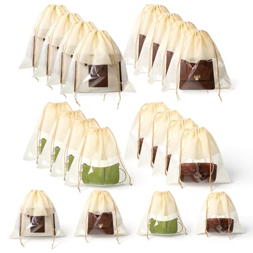 SHENLIU 16 Pcs Dustproof Drawstring Bags, 4 Sizes Beige Transparent Design Purse Dust Storage Bags Non Woven Fabric Cloth Pouch String Packing Organizer Shoe Pouch Handbags Covers