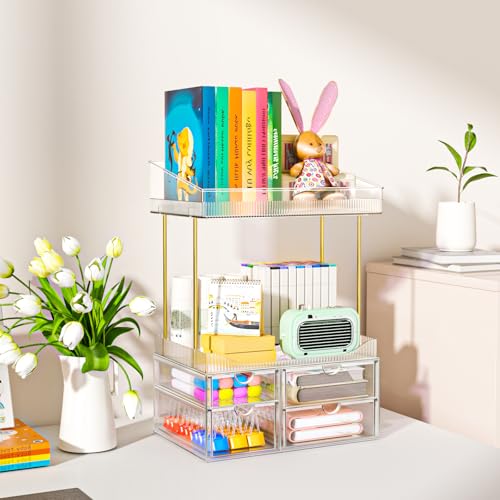 SNSLXH 4-Tier Clear Makeup Organizer Bathroom Storage | 4 Drawers Cosmetics Organiser, Ideal for Countertop, Bathroom, Office, Dresser, for Cosmetics, Skincare, Perfume, Lipstick