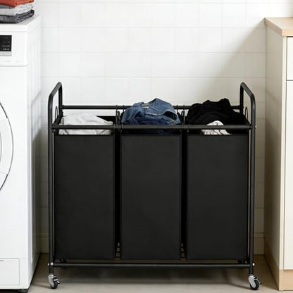 LINZINAR 3 Section Laundry Hamper, Black Laundry Basket 135L Laundry Sorter | Laundry Room Organization with Heavy Duty Rolling Lockable Wheels and Removable Bag, Bedroom Laundry Cart for Clothes Storage