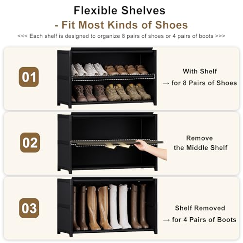 7 Tier Shoe Cabinet with Doors, 24-Pair Storage, Black | Tall design saves floor space. Transparent doors for quick find. Adjustable layers for boots. Waterproof & easy wipe.