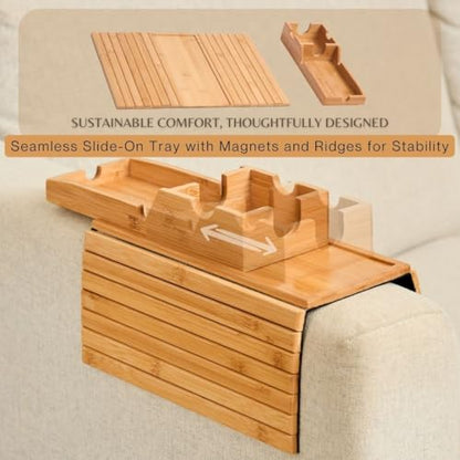 Couch Cup Holder Tray, Bamboo Sofa Arm Table with Removable Tray