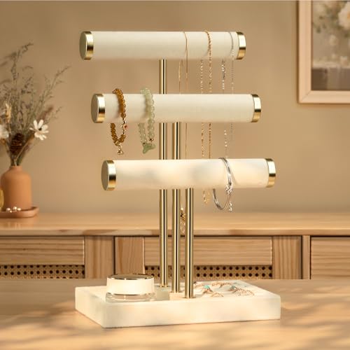 bussdis Jewelry Organizer Stand Display, 3 Tier Beige Velvet Bracelet Holder