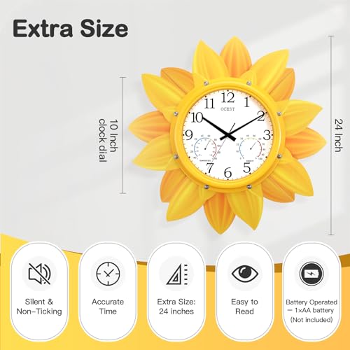 24 Inch Waterproof Sunflower Outdoor Clock, Thermometer Hygrometer | Silent non-ticking movement, metal petal design for patio, garden, pool, garage, porch, and backyard decor