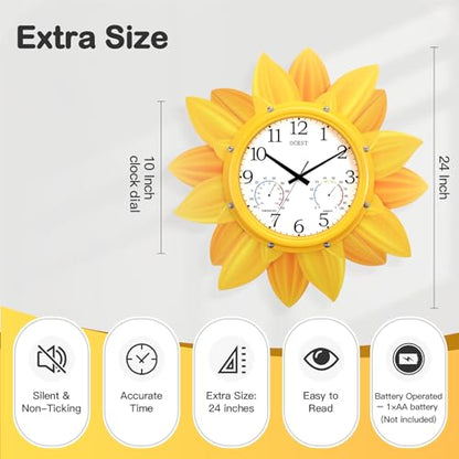 24 Inch Waterproof Sunflower Outdoor Clock, Thermometer Hygrometer | Silent non-ticking movement, metal petal design for patio, garden, pool, garage, porch, and backyard decor