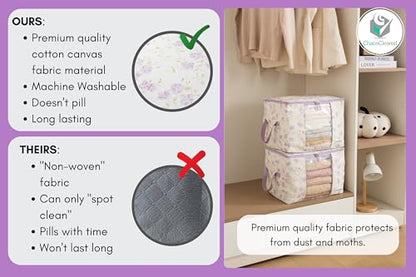 Canvas Storage Bags Designer Organizer 2 Pack – Seasonal Storage for Sweaters, Blankets, Linens & Garments – Foldable Design with Zip & Window (Purple Floral Print)