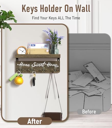 buways Key Holder Wall Mount with 8 Hooks and Cozy Home Sign (Brown) | Solid Wood, Floating Shelf for Keys, Mail, and Daily Essentials in Entryways, Hallways or Home Decor