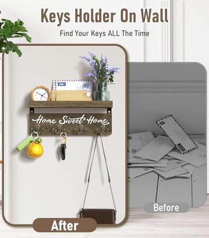 buways Key Holder Wall Mount with 8 Hooks and Cozy Home Sign (Brown) | Solid Wood, Floating Shelf for Keys, Mail, and Daily Essentials in Entryways, Hallways or Home Decor