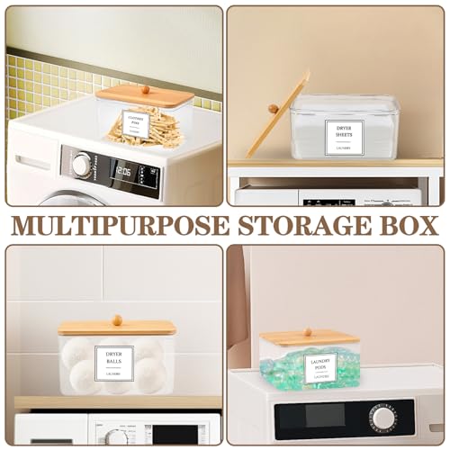 Dryer Sheet Holder, Clear Dryer Sheet Dispenser with Bamboo Lid | 16 Labels and Scoops, Dryer Ball Storage, Clothespin Holder, Laundry Pod Holder, Countertop Organizer for Laundry Rooms