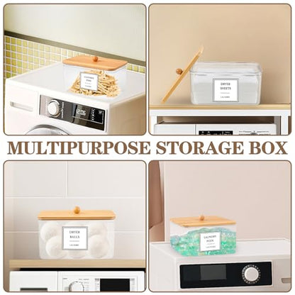 Dryer Sheet Holder, Clear Dryer Sheet Dispenser with Bamboo Lid | 16 Labels and Scoops, Dryer Ball Storage, Clothespin Holder, Laundry Pod Holder, Countertop Organizer for Laundry Rooms