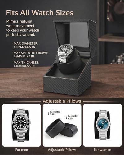 Watch Winder for Automatic Watches: Single Watch Winder Box | Rotating Watch Case with Quiet Japanese Motor - Storage Display Box for Men (Black Carbon Fiber)