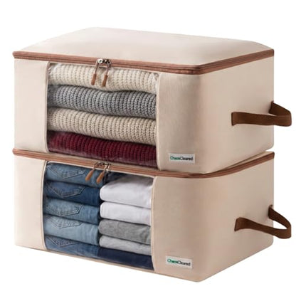 Canvas Storage Bags Designer Organizer for Clothing 2 Pack – Clothes Organizers for sweaters, clothing, garment, bedding, quilt, linens, large bag with zip & window, mothproof