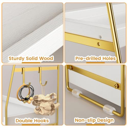 2-Tier Bathroom Counter Organizer with Drawer, Wood Counter Storage Shelf | Bathroom Vanity Organizer Countertop for Makeup, Skincare, Perfume, with Removable Basket, 13.4" x 7.9" x 14.5", White Gold