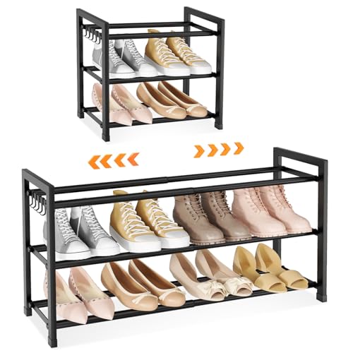LANTEFUL 3-Tier Expandable Shoe Rack for Closet, Adjustable 18"-33" Metal Shoe Organizer for 12 Pairs, Shoe Shelf for Small Spaces, Entryway, Bedroom with 5 Hooks