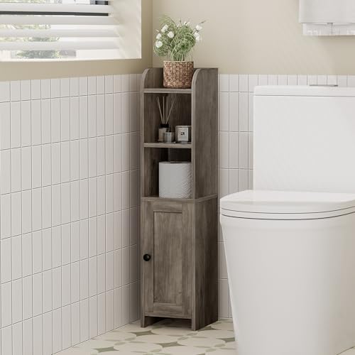 Small Bathroom Storage Cabinet, Narrow Toilet Paper Cabinet | Corner Floor Cabinet with Door and Shelves, Slim Bathroom Cabinet for Small Spaces, 7.9" D x 7.1" W x 31" H, Greige