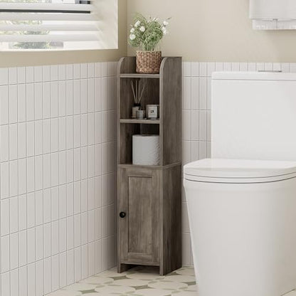 Small Bathroom Storage Cabinet, Narrow Toilet Paper Cabinet | Corner Floor Cabinet with Door and Shelves, Slim Bathroom Cabinet for Small Spaces, 7.9" D x 7.1" W x 31" H, Greige