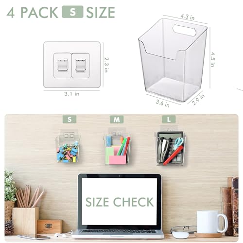 Clear Adhesive Wall Storage Bins, 4 Pack Cabinet Door Organizer Cups(Small) | Clear PET Hanging Wall Mount Pockets, Plastic Caddy for Shower Bathroom Makeup Office Craft Kitchen Sink RV Organization