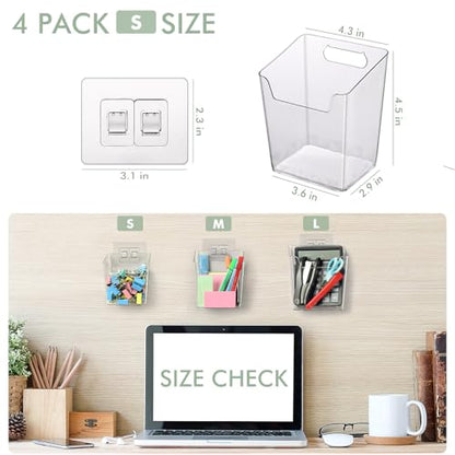Clear Adhesive Wall Storage Bins, 4 Pack Cabinet Door Organizer Cups(Small) | Clear PET Hanging Wall Mount Pockets, Plastic Caddy for Shower Bathroom Makeup Office Craft Kitchen Sink RV Organization