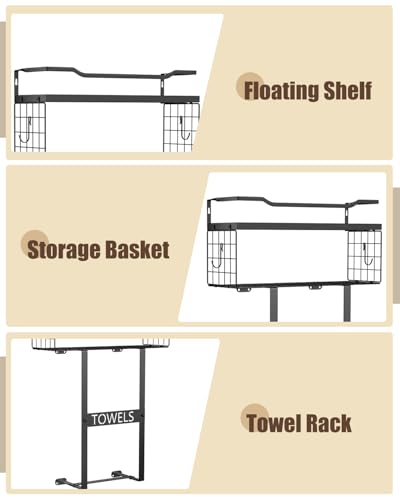 Aetyord Towel Racks for Bathroom Wall Mounted Towel Storage Organize | Towel Storage with Wood Shelf & Metal Basket,Fit for Small Bathroom,Camper,Rv,All Black