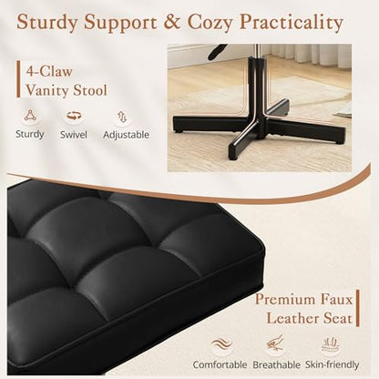 LUE BONA Adjustable Vanity Stool, Foot Rest Under Desk, 360° Swivel Vanity Chair for Makeup Room, Black Upholstered Faux Leather Ottoman for Bathroom & Living Room, 300lbs