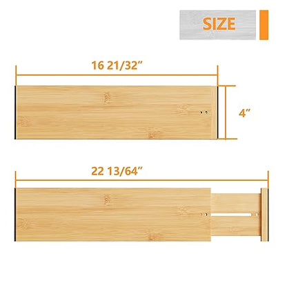 BAMEOS Bamboo Expandable Drawer Dividers – Fits 16.65"–22" Drawers, 4" Extra Deep Walls, Set of 4 | Maximum-Height Spring-Loaded Organizer for Deep Kitchen, Bathroom & Dresser Drawers