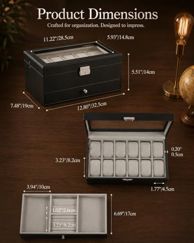 GUKA Watch Box Organizer for Men Gift, 12 Slot Watch Case with Glass Lid, 2 Tier Leather Watch Display Storage Box for Watches, Jewelry, Rings, Sunglasses & Accessories