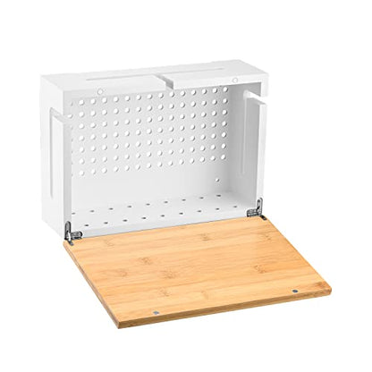 Bamboo Cable Management Box with Magnetic Lid - 12,6x7,8x4.3 in - Durable Cable Organizer to Hide Cords & Power Strip - Wall Mountable - Including Hardware - for Home, Office, Desk & More (White)