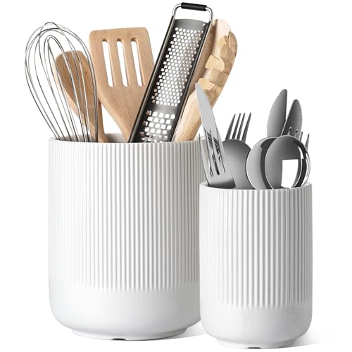 Utensil Holder for Kitchen Counter, 7.3"+5.4" Flut... (White | Ceramic)