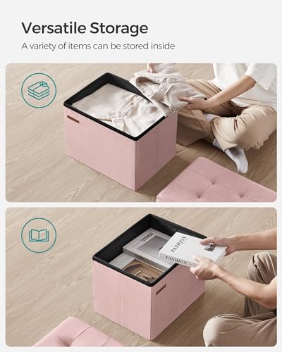 SONGMICS Small Folding Storage Ottoman, Jelly Pink | Foot Rest Stool, 12.2 x 16.1 Inches, 286 lb Capacity, Bedroom, Dorm, ULSF200R01