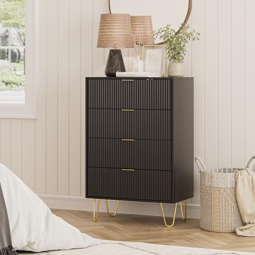 4 Drawer Dresser, Drawer Chest, Tall Storage Chest Cabinet Organizer Unit with Metal Legs, Small Dresser for Bedroom, Living Room, Closet, Hallway Black Stripe