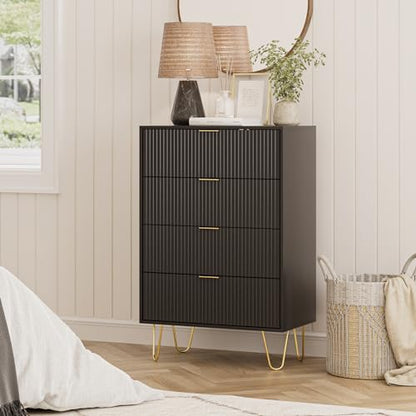 4 Drawer Dresser, Drawer Chest, Tall Storage Chest Cabinet Organizer Unit with Metal Legs, Small Dresser for Bedroom, Living Room, Closet, Hallway Black Stripe