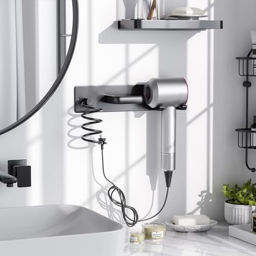 Hair Dryer Holder Wall Mount Aluminum Alloy Hot Tools Organizer | Heavy Duty, Matte Black