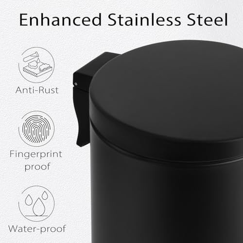 TIPGO 1.2 Gallons Small Black Trash Can, Bathroom Garbage Can with lid, Foot Pedal Trash Bin, Mini Round Wastebasket for Bathroom, Bedroom, Office, 4.5 Liters, Matte Black