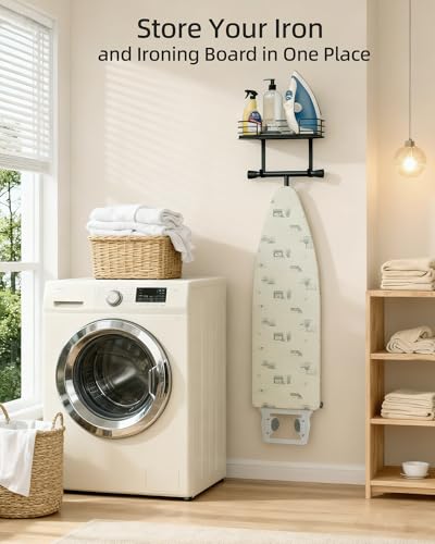 Ironing Board Holder Wall Mount, Metal Ironing Board Hanger with Shelf Laundry Room Decor and Accessories Iron Holder for Laundry, Fits T-Leg Ironing Board, Industrial Decor, Black