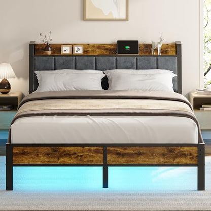 Liians Queen Size Bed Frame with USB Charging Station and Smart LED Lights