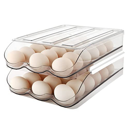 MesRosa Egg Holder for Fridge, Automatic Rolling Container Storage 36 Eggs | Clear Large Capacity Egg Organizer for Refrigerator with Lid, Stackable Dispenser, Tray & Bin, Saving Space -2 Layer