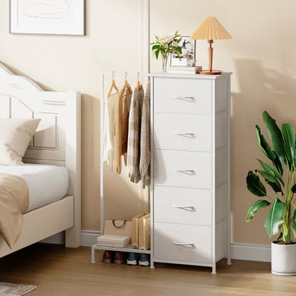 Somdot Dresser with Hanging Rack, 5 Drawers Small Closet for Bedroom | Reversible Clothes Rack, Kids Chest of Drawers, Tall Storage Tower, White